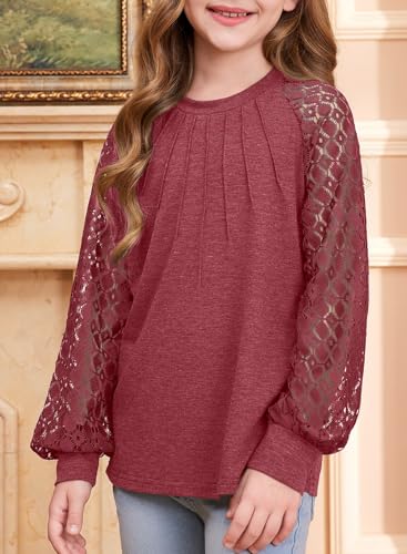 blibean Teen Girls Semi Formal Bloues Kids Lace Long Sleeve Shirts Size 6-15 Years4