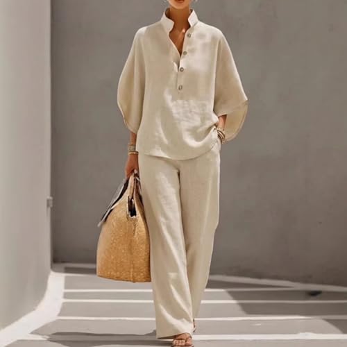 Conjunto de lino para mujer ropa de dos piezas camisa de botones y pantalones de pierna ancha 3
