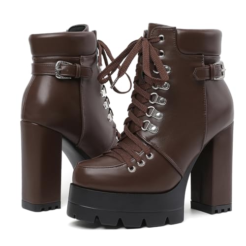 Image of Susanny Sexy High Heels for Women Boots Round Toe Platform Booties Lace Up Suede Side Zipper Ankle Bootie
