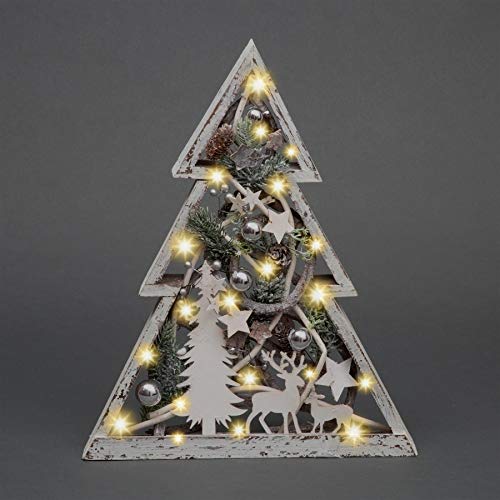 43cm Christmas Pre-Lit Wooden Warm White LED Tree Frame Tabletop Centrepiece Decoration with Pinecones and Baubles Holiday Home Décor