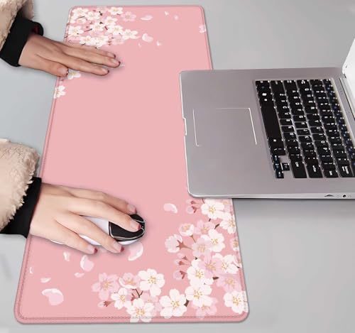 Image of IMAYONDIA Pink Japanese Desk Mat, Cherry Blossom Large Gaming Mouse Pad, Non-Slip Rubber Base Mousepad for Women, Desk Pad for Work, Game, Office, 31.5x11.8 Inch- Sakura Flowers Aesthetic