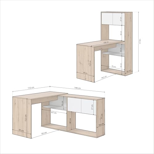 Miniatura 2 de Duehome Mesa-Estantería Reversible De 3 Posiciones, Escritorio, Librería, Modelo Dess, Acabado En Color Roble Nodi Y Blanco Artik, Medidas: 108 Cm Largo X 140 Cm Alto X 70 Cm Fondo