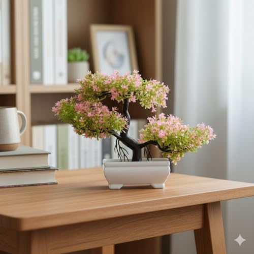 SATYAM KRAFT 1 Pcs Artificial Small Bonsai Flower with Designer Pot | Realistic Looking - No Maintenance | Flower Pot for Home Decor,Office Decor, Table Decor.