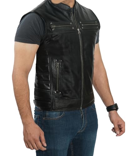 Decrum Colete masculino de couro real – Colete masculino oculto moderno e moderno estilo motociclist