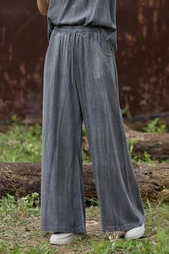 Women's Linen Wide Leg Pants High Waist Elastic Drawstring Summer Palazzo Pants3