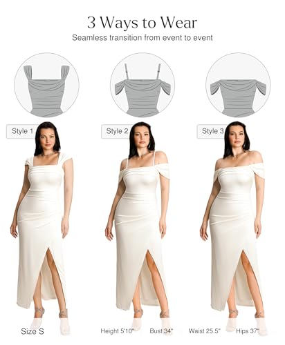 Image of Popilush Wedding Guest Dresses for Women Off Shoulder Shapewear Maxi | Multi-Way Wear, Built in Bra, Light Tummy Control, Ruched Satin Formal Cocktail Evening Bridesmaid Dress