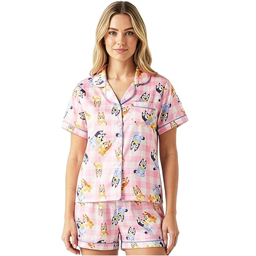 Get Trend Bluey Womens Pajama Set Two Piece Sleepwear Short Sleeve Shirt And Shorts Satin PJs Lounge Sets Gifts for Women (M Multi Bluey)