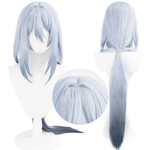 Image of Hanya Gray Black Gradient Wigs with Ponytail Bangs Women Long Straight Wig Game Cosplay Wig Halloween,Christmas,Comic con,Game Show,Carnival,Party