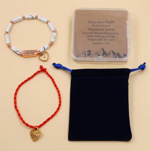 Image of Elastic Faith Bracelet for Women, Adjustable 7 inch Natural Stone Bracelet with Heart Mustard Seed Charm, Spiritual Christian Jewelry for Baptism, Graduation, Religious Celebration YA4856