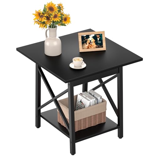 Image of GreenForest Square End Table for Living Room, 20 Inch Large Side Table with X-Frame, Farmhouse Tall Bedside Nightstand with 2-Tier Storage Shelf, Black