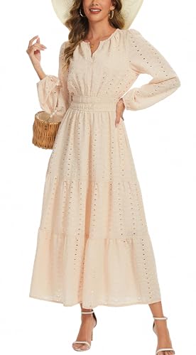 Kormei Damen-Maxikleid im Boho-Stil, langärmelig, V-Ausschnitt, Empire-Taille, fließend, A-Linie, gestuft, Hochzeitsgästekleider mit Taschen,...