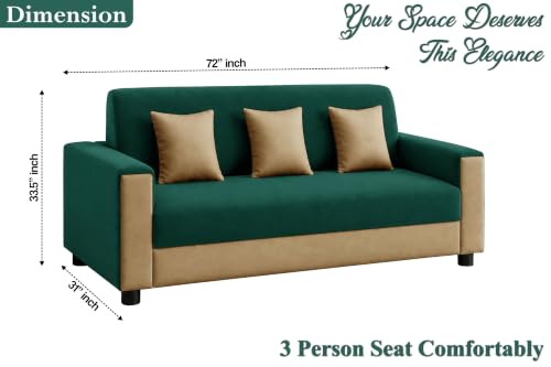 Image of 3 Seater Wooden Sofa | Velvet Fabric Couch with Cushions | Comfortable Living Room Sofa | Sturdy Wooden Frame | Home & Office Furniture | Green & Beige
