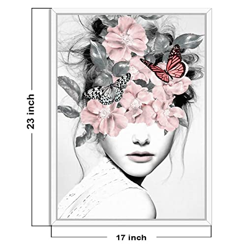 Image of PAINTINGMANTRA Blossom Pink Girl Flower Bouquet White Framed Canvas Print for Wall, Home and Living Room Decoration (Size - 23 x 17 Inchs)