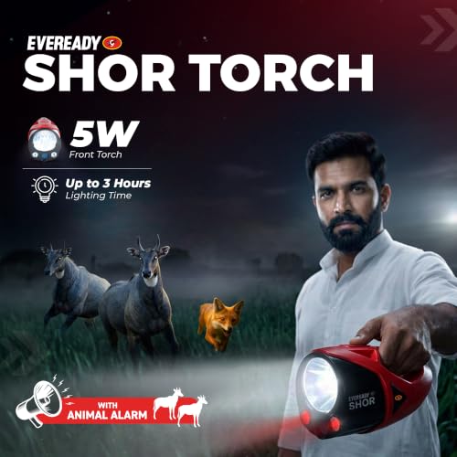 Image of EVEREADY Shor DL190, Commander Torch, 5W Front Light & 3W Sidelight, Rechargeable, USB Type-C Fast Charging, Light Strobe, 100 dBA Animal Alarm, Powered by Li-ion Battery
