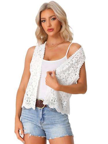 Image of Allegra K Women's Floral Crochet Hollow Out Sleeveless Open Front Boho Vest Cardigan