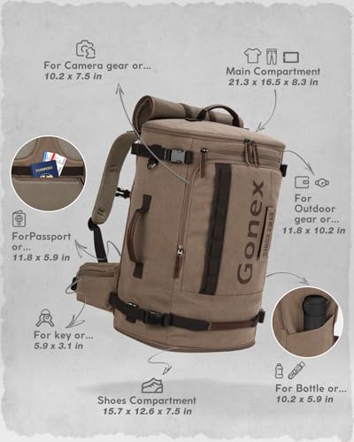 Gonex Canvas Travel Backpack, Large 3-in-1 Convertible Vintage Laptop Duffel Bag for Men & Women, Durable Carry-On for Work, College & Outdoor Adventure (Coffee Brown)3