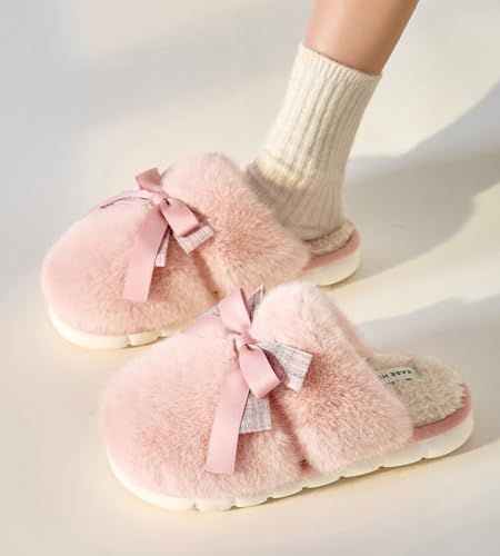 Slippers for Women Cute Coquette Bow Slippers Warm Plush Fluffy Lined House Winter Home Shoes Women Indoor Outdoor2