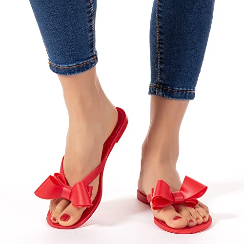 Image of Mtzyoa Women Flip-Flops Flat Sandals Jelly Bow Beach Flat Rivets Rain Cute Dressy Summer Sandals