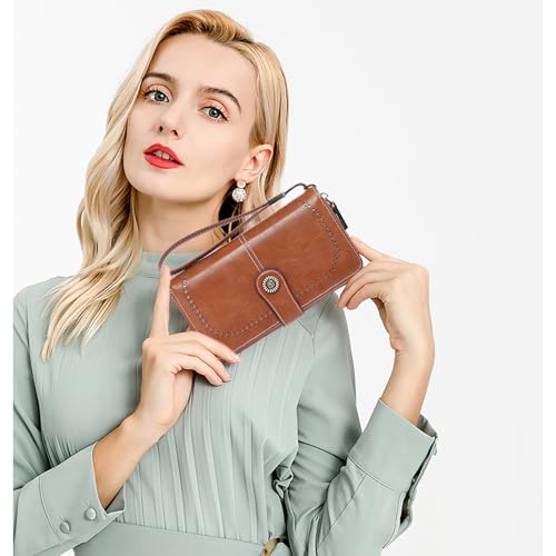 Image of RNIEGA Womens Wallet Leather Billfold RFID Blocking Credit Card Holder Wristlet Wallets for Women Ladies Purses with Zipper Coin Pocket