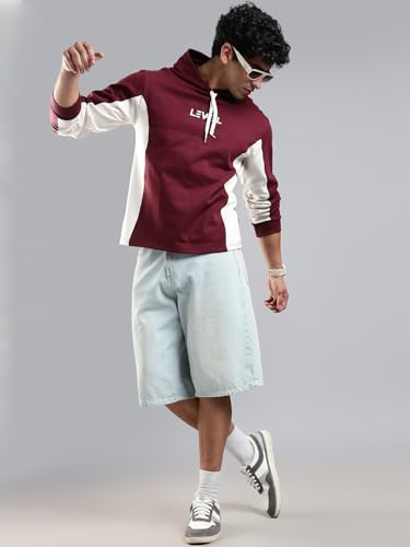 Image of LEWEL Men's Stylish Hooded Colorblock Cotton Fleece Sweatshirt (Maroon, Off White)