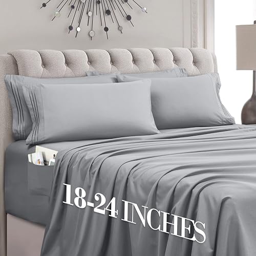 Image of Mocassi Luxury 6-Piece Sheet Set, Ultra Soft 1800 Premium Hotel Quality Microfiber Sheet Set, Fits Mattresses Up to 18 to 24 Inches Extra Deep Pocket - Breathable and Secure Fit, Cal King, Silver