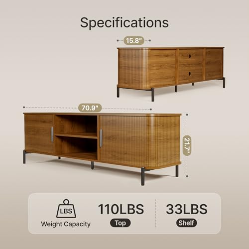 Image of SUNCOZE 70 inch Mid-Century Fluted TV Stand with Storage up to 80 Inch, Walnut