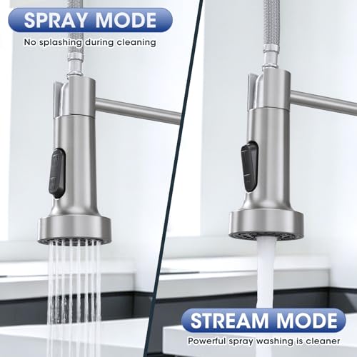 Image of Kitchen Faucet with Soap Dispenser, Brushed Nickel Kitchen Sink Faucet with Sprayer 304 Stainless Steel Single Handle Dual Function Spring Commercial for Farmhouse Camper Laundry RV Bar