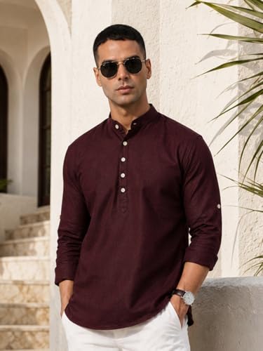 Image of Majestic Man Men's Pure Cotton Solid Mandarin Collar Slim Fit Roll-Up Sleeves Short Kurta Lightweight Summer Kurta for Daily & Occasion Use