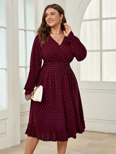 Women's Plus Size Fall Dress Long Sleeve V Neck Smocked Swiss Dot Flowy High Waisted A Line Ruffle Midi Dress - Image 5