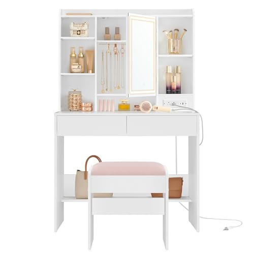 VASAGLE KAILYN Collection - Vanity Desk with Power Outlets, Makeup Vanity with Mirror and Lights, Upholstered Vanity Stool, LED Lights, 6 Compartments, 2 Drawers, for Bedroom, Cloud White URDT031W01