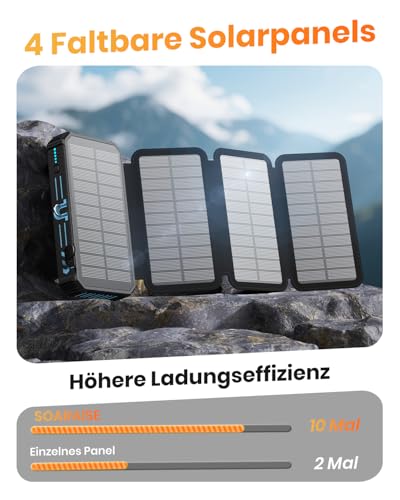 SOARAISE Wireless Solar Powerbank 27000mAh - Tragbare Solar Ladegerät mit 4 Kabel und 4 Solarpanels - 15W Schnellladung Externer Akku Power Bank mit LED Taschenlampe für Outdoor Camping (Blau)