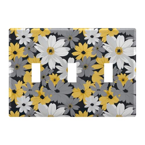 Light Switch Cover Gray Yellow White Daisy Flower Wall Plates for Electrical Outlets 3 Gang 202b2589