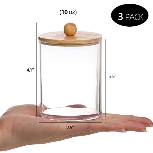 Image of Tbestmax 10 Oz Cotton Swab /Ball /Pad Holder, Qtip Apothecary Jar, Clear Bathroom Containers Dispenser for Storage 3 Pack Wood Lids