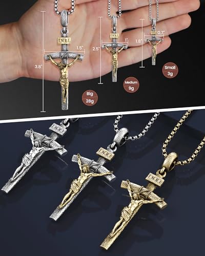 Catholic Crucifix Necklace for Men and Women, Antique Silver/Gold/Silver Gold Cross Necklace with Exquisite Jesus Pendant, 18~30" Stainless Steel Chain, Christian Jewelry Gift4