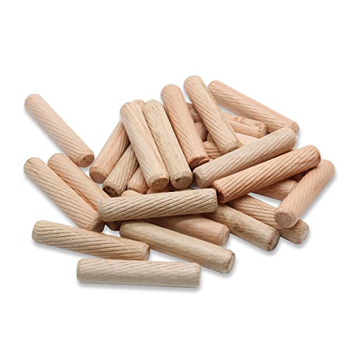 BokWin 100 Pack Wooden Dowel Pins 10mm x 50mm (Approx 3/8 x 2) Wood Fluted Dowels Rods Kiln Dried Fluted and Beveled Hardwood Crafts Dowel Pegs