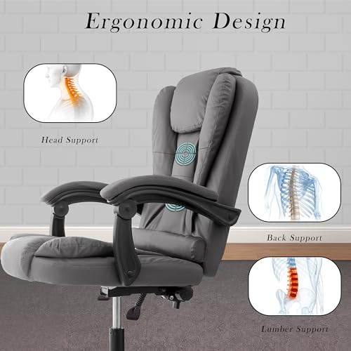 Image of Italia Premium Leatherette Office Chair for Work | Boss Chair, Ergonomic Executive, Luxurious Cushioned Arms & Seat, 2 Point Back Massager, Heavy Duty Metal Base (Grey)