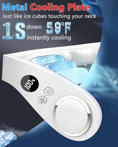 Image of Neck Fan with Cooling Plate-24H Quiet Powerful Fans that Blow Cold Air-5 Speed&Power LED Display-USB 5500mAh Bladeless Wearable Personal AC Cooler for Women,Men,Kids,Travel,Outside,Indoor White