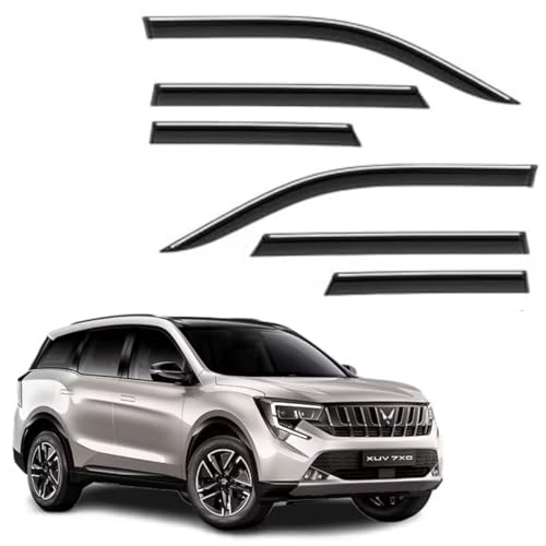 Image of CAR SAAZ Side Door Visors for XUV 7XO (Set of 6Pcs)|Smoke Finish Chrome Lined Rain Guards, Polycarbonate
