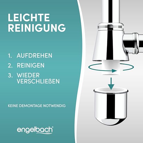 Engelbach® Siphon Waschbecken mit Reinigungsöffnung - Universal Tassensiphon 1 1/4 - Abflussrohr, Flaschensiphon, Syphon inkl. Gummimanschette und Anleitung