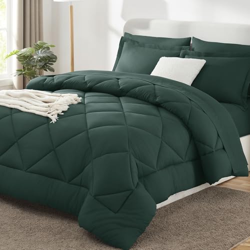 Image of CozyLux Queen Comforter Set Forest Green - Bed in a Bag Queen Size 7 Pieces, Luxury Soft Bed Set for All Seasons, Bedding Set with Down Alternative Comforter, Sheets, Pillowcases & Shams