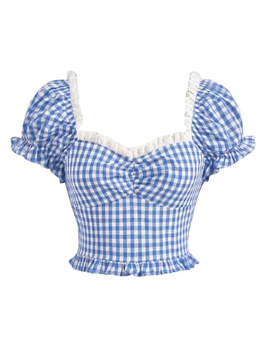 WDIRARA Women's Plaid Sweetheart Neck Puff Short Sleeve Crop Top