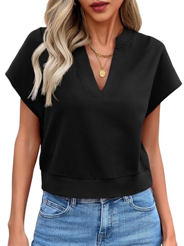 Fisoew Womens Cropped Tops Summer V Neck Cap Sleeve Casual Loose Fit T Shirts