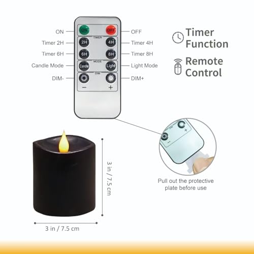 Image of Black Flameless LED Candles 3 inch Diameter Real Wax 2AA Battery Operated 600hr+ Flickering Candles with Timer Remote Control for Halloween Thanksgiving Christmas Indoor (Black, 3″x3″- 2 PCS)