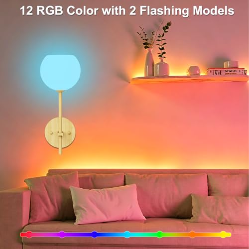 Image of Wood Grain Battery Operated Wall Sconces Set of 2, Rechargeable Wireless Wall Lights with Milky White Frosted Glass, 12 RGB and 3CCT Dimmable Wall Lamps with Remote for Bedroom Living Room Hallway