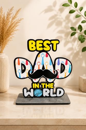 Image of WARMINGO DE Best Dad In The World Wooden Trophy gift For Father or Dad | Fathers day Gift | Best Gift For Dad Papa (Multicolor 6 x 5.5 Inches)