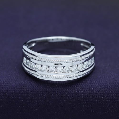 Men Wedding Band Ring Round Sparkling White Cubic Zirconia 7.5MM Width Milgrain Half Eternity Engagement Ring in 18K Gold Plated Jewelry Gift for Him4