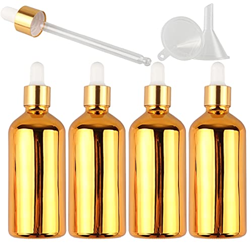 TIANZD Pack of 4, Empty 100ml Gold Glass Dropper Bottles with Glass Pipette Dropper, Small Dropper Bottles with Gold Metal Cap for Essential Oil Aromatherapy Blends Vials