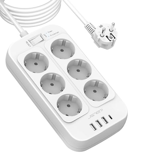 JSVER Proteccion Sobretension Regleta USB,Regleta 4 Puertos de USB(3 USB A+1 USB C) y 6 Tomas Regleta Enchufe Alargador Multiple Carga para iPad iPhone Tablets - Cable 5m-Blanco