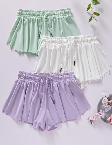 Image of 3 Pack Girls Flowy Shorts with Spandex Liner 2-in-1 Youth Butterfly Skirts for Fitness, Running, Sports