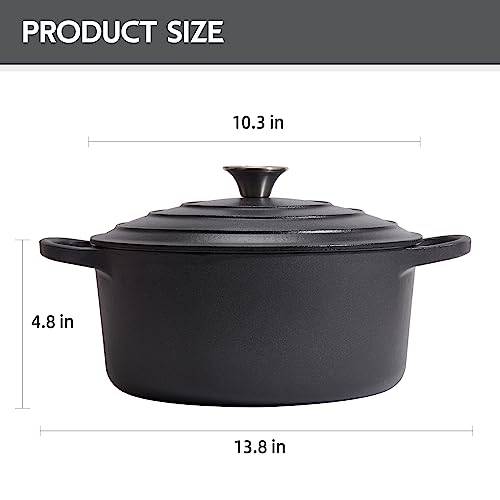 Image of 6 Quart Dutch Oven Enameled Cast Iron with Lid - Big Dual Handles - Oven Safe up to 500F - Classic Round Pot for Versatile Cooking (Matte Black(No Enameled), 6 QT)
